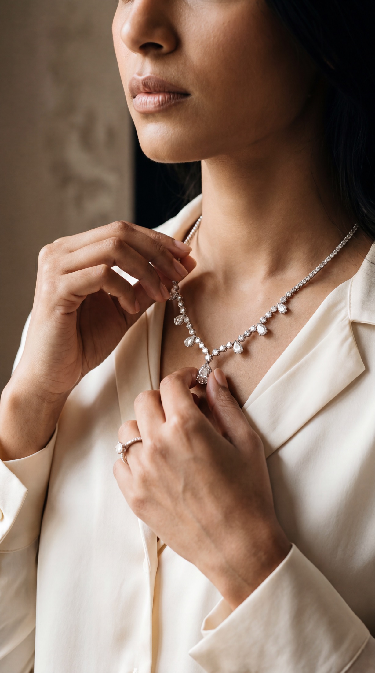 Fine-jewellery buyer considering a diamond necklace