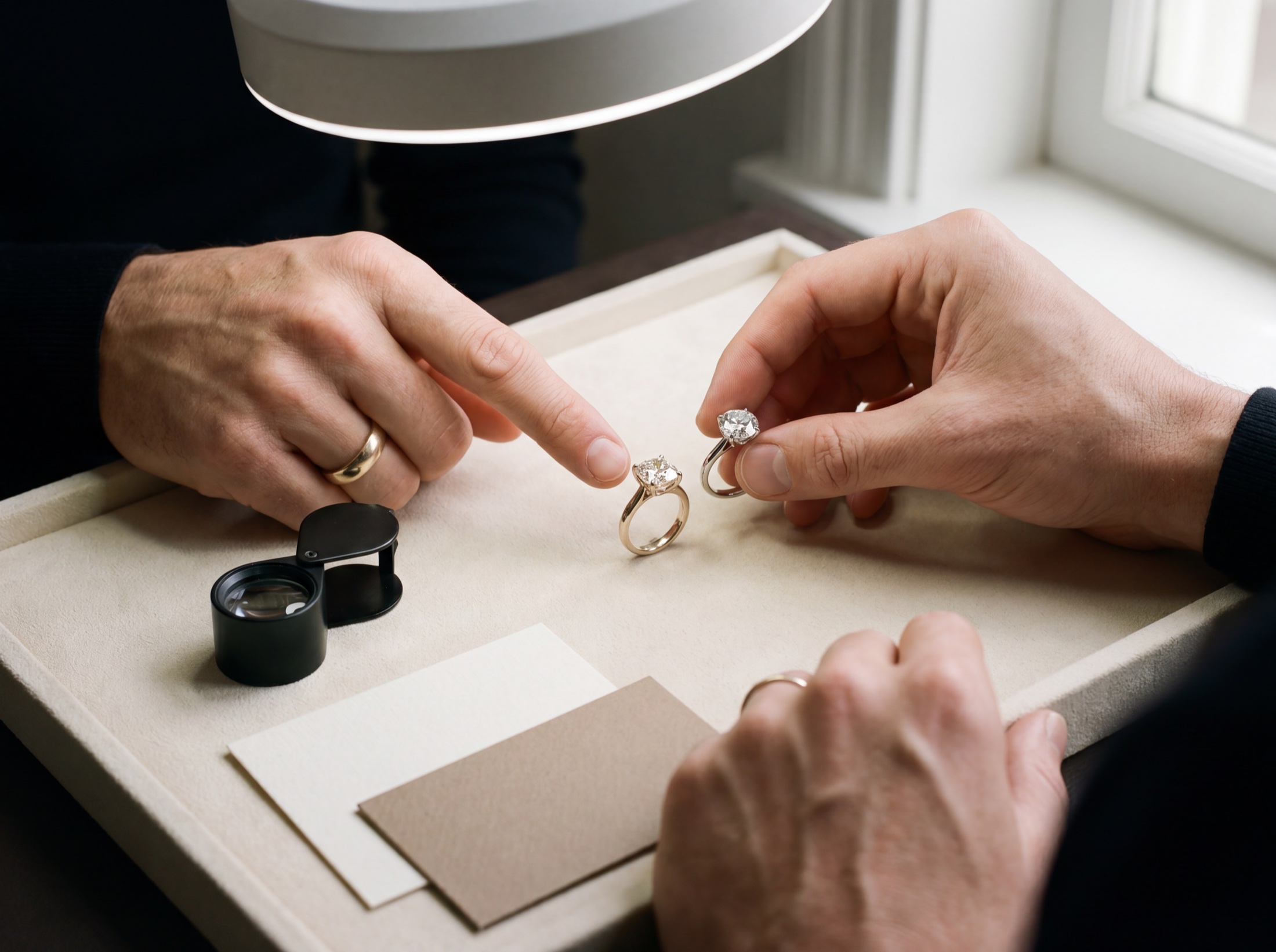 Buyer comparing diamond proof with a jeweller